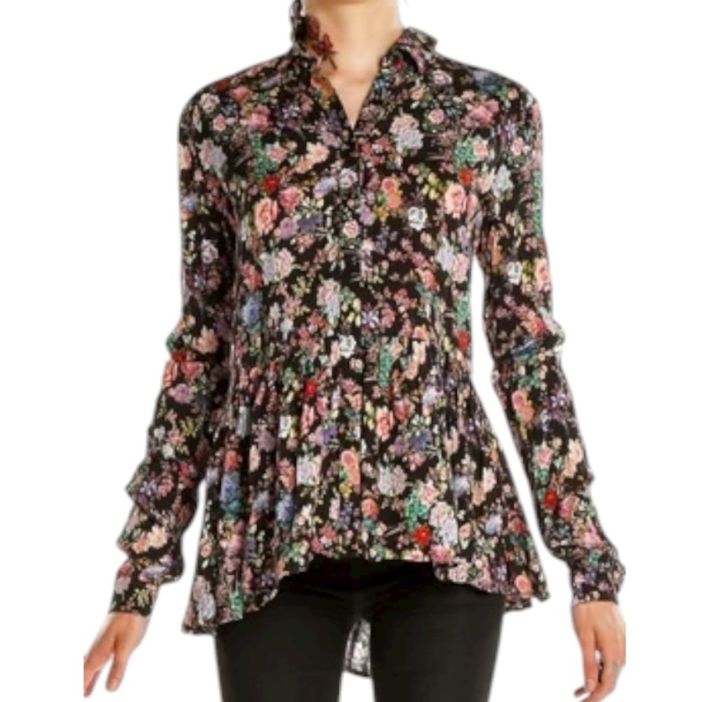 Tuckernuck Black Floral Wildflower Print Pleated Ruffle Long Sleeve Tunic Top  L